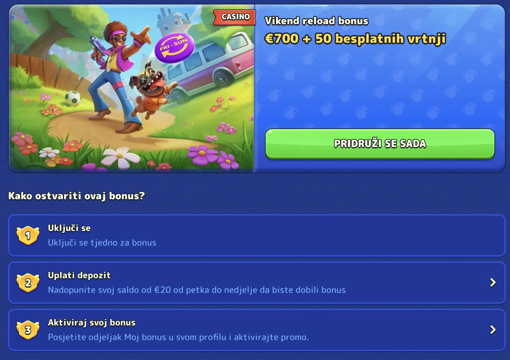 Vikend reload bonus: €700 + 50 besplatnih vrtnji uz tri jednostavna koraka Ilustracija vikend bonusa sa likom u retro stilu, psom i simbolima nagrada